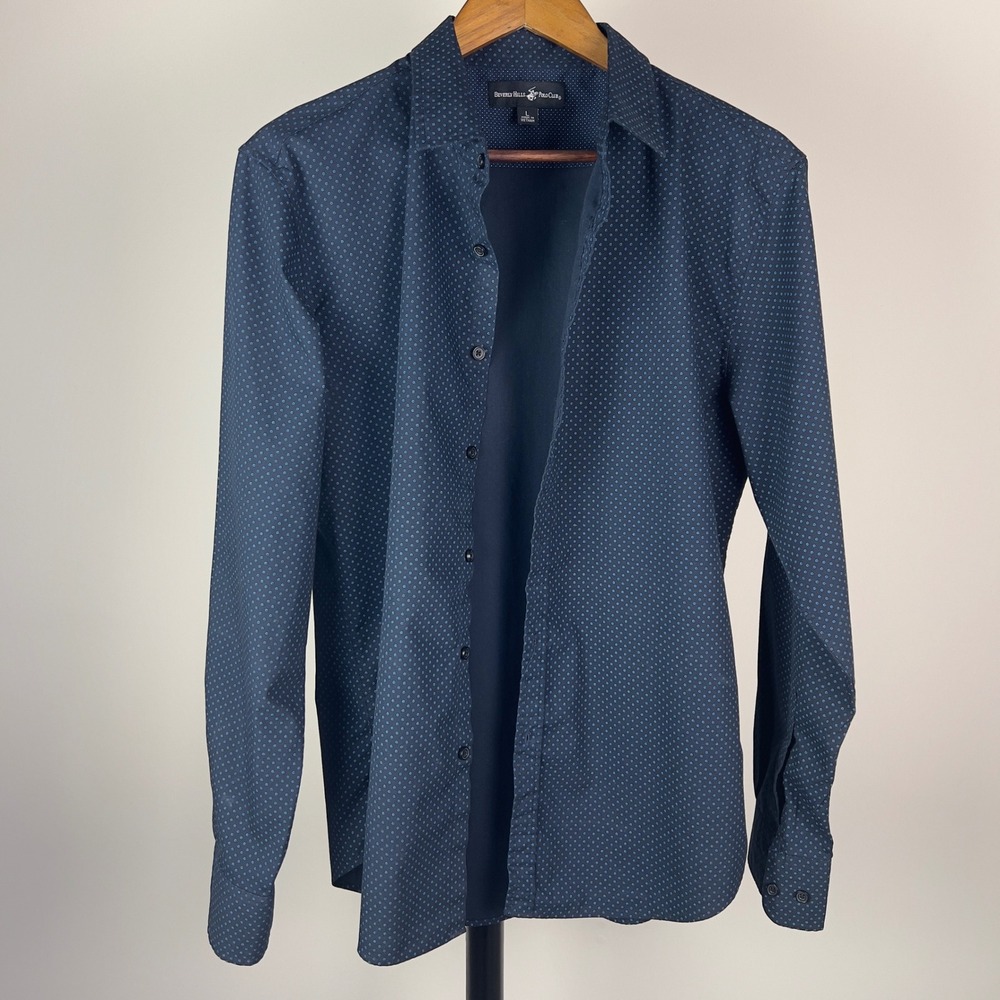 Beverly Hills Polo Club Mens Navy Blue Micro Floral Dot Button Down Shirt Large